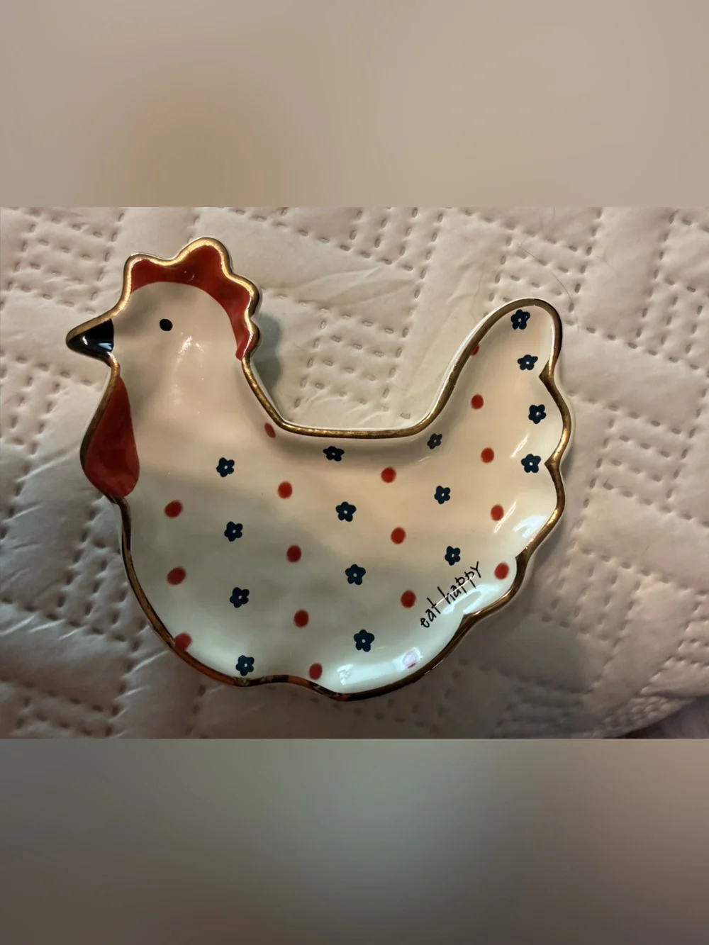 Natural Life Ceramic Spoon Rest or Trinket Dish- Eat Happy Chicken